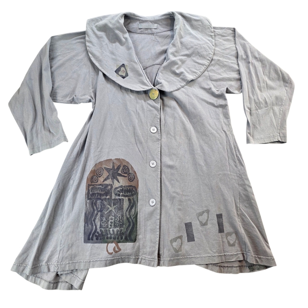 Blue Fish Vintage 90's Hand Printed Organic‎ Cotton Cardigan Tunic Dress Hippie